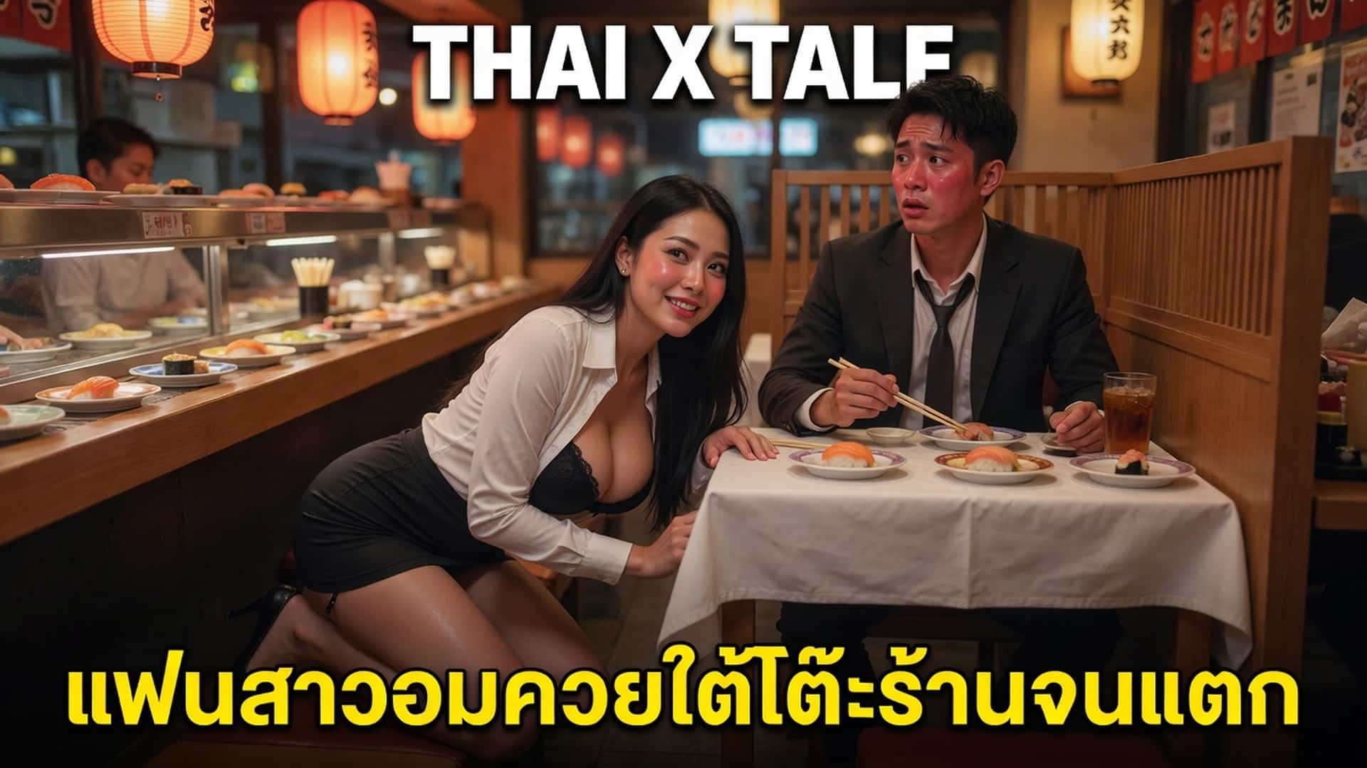 เรื่องเสียว แฟนสาวอมควยใต้โต๊ะร้านจนแตก | ThaiXTale